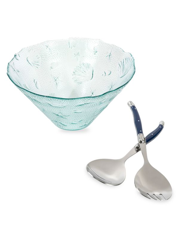 French Home Laguiole 3-Piece Coastal Salad Bowl & Laguiole Server Set